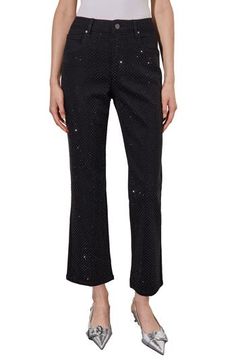 Tonal crystal accents on the front of these cropped jeans level up their ready-for-night-out vibe. 27" inseam (size X-Small) Zip fly with button closure Five-pocket style 72% cotton; 24% polyester; 3% viscose; 1% spandex Hand wash, dry flat Imported Embellished Straight Leg Bottoms For Night Out, Glamorous Straight Leg Jeans For Night Out, Glamorous Jeans For Night Out, Fall Embellished Straight Leg Bottoms, Straight Leg Jeans With Five Pockets For Party, Embellished Straight Leg Jeans For Party, Chic Embellished Jeans For Parties, Straight Leg Rhinestone Jeans For Night Out, Fall Bottoms With Rhinestones