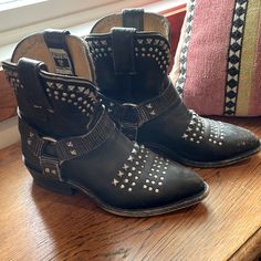 Frye Studded Distressed Leather Harness Western/Biker Ankle Boot Size 5.5 Used Condition With Some Scuffing In The Toe And One Stud Missing. Pictures Are Listed. Personally Never Worn, Bought In Used Condition But Still A Lot Of Life Left, Super Unique Rare Boots Punk Snip Toe Moto Boots For Fall, Fall Punk Snip Toe Moto Boots, Fall Snip Toe Moto Boots For Biker Events, Snip Toe Moto Boots For Biker Events In Fall, Fall Moto Boots For Biker Events With Snip Toe, Edgy Moto Boots With Leather Footbed For Fall, Leather Moto Boots With Silver Studs For Fall, Leather Moto Boots With Rivets For Festival, Biker Ankle Moto Boots With Rivets