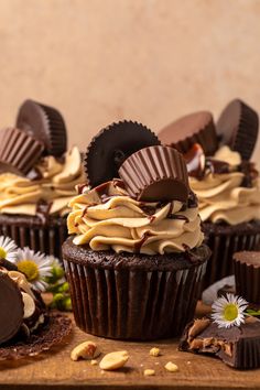 chocolate cupcakes with peanut butter frosting and flowers on a wooden table next to some cookies