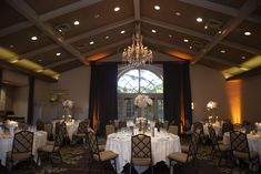 a banquet room with tables and chairs set up