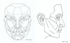 two drawings of faces, one in geometric shapes and the other in low polygonics