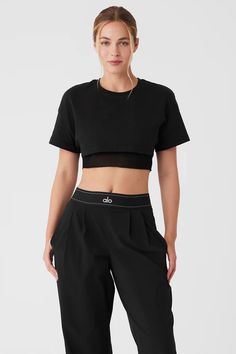 Made You Look Cropped Short Sleeve Tee - Black | Alo Yoga Sport Fits, Cool City, Easy Silhouette, Sporty Spice, Womens Capris, Cropped Tee, A Workout, Alo Yoga, Cotton Top