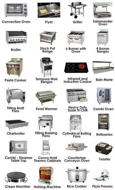 an image of different types of commercial kitchen appliances and cookwares in english or spanish