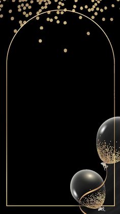 a black background with gold confetti and balloons