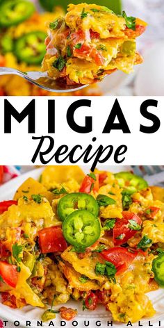 two images with the words migas recipe on them and an image of a plate full of mexican food