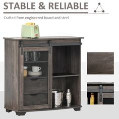 a wooden cabinet with glass doors and shelves on the bottom shelf is labeled stable & reliable crafted from engineering board and steel