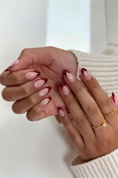 Maroon Tip Nails French Manicures, November Nails Ideas French, Red Cherry French Tip Nails, French Nail Cherry, Dark Red Almond French Tip Nails, Red Chrome Tips Nails, Nail Cherry Red, Nail Inspo Red French Tip, Cherry Red Tip Nails