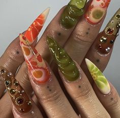 Erykah Badu Inspired Nails, Maximalist Nails Aesthetic, Earthy Aesthetic Nails, Neo Soul Nails, Textured Acrylic Nails, Maximalism Nails, Simple Boho Nails, Hippie Nail Art Boho, Earthy Acrylic Nails