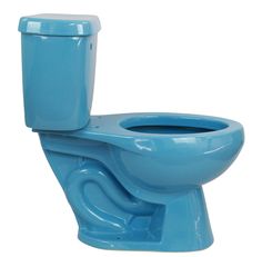 a blue toilet bowl with the lid up and seat down, against a white background