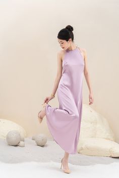 "100% Pure Mulberry Halter Dress, Backless Dress, Luxury Silk Dress, Bridesmaids Dress, Charmeuse Slip Maxi Dress   Model in the gallery: Size S-4 Height 5\"7'.    Material: 100% Pure Mulberry Silk, Charmeuse, Satin   How to order: - Size: Feel free to check the size chart in the product gallery, choose your best fit and please leave it in the personalization box If you are not sure about the size, please send me a message before placing the order. I do provide custom request orders. Please let me know if you have your specific size; I am happy to discuss it with you and quote it. - Color: Please find the color guide in the product gallery and leave it in the personalization box. I will proceed the order with the chosen color.   Returns, Refunds and Exchange There are no returns, refunds, Silk Floor-length Halter Dress For Wedding, Silk Floor-length Halter Wedding Dress, Purple Maxi Evening Dress For Summer, Lavender Sleeveless Evening Dress For Party, Purple Satin Halter Neck Dress, Purple Summer Wedding Evening Dress, Silk Halter Maxi Dress For Wedding, Sleeveless Purple Satin Maxi Dress, Sleeveless Lavender Dress For Wedding