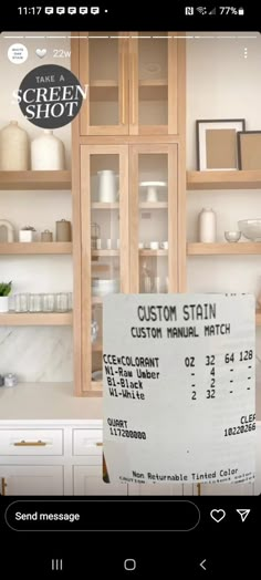 a sign in the middle of a kitchen that says custom stain