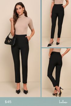 When you're not busy conquering the conference room, kick back in the Lulus Kick It Black High-Waisted Trouser Pants! Sleek woven poly constructs a high, banded waist, pleated accents, and diagonal front pockets. Relaxed pant legs taper at an ankle-length hem. Hidden side zipper/hook clasp. Fit: This garment fits true to size. Length: Ankle length. Size medium measures 39" from waist to hem. Inseam: 28.25 Front Rise: 11.00 Waist: Fitted - very fitted at natural waist. Hip: Fitted - consider sizi Black High-waisted Work Pants For Office, High-waisted Black Work Pants, Tailored Office Bottoms With Elastic Waistband, Black Bottoms With Belt Loops For Office, High Waist Pantsuit With Belt Loops For Office, Office Straight Dress Pants With Elastic Waistband, Black Dress Pants With Elastic Waistband For Work, High Waist Office Pantsuit With Pockets, Black Pants With Belt Loops For Office