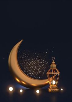 a lantern sitting on top of a crescent next to the moon with stars in the sky