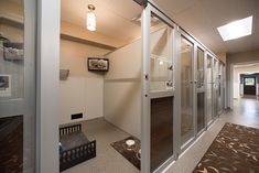 an empty hallway with glass doors leading to another room in the background and pictures on the wall