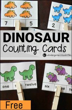 dinosaur counting cards with the words dinosaurs on them and an image of three different dinos