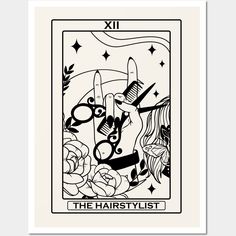 the hair stylist tarot card with scissors and roses on it, in black and white