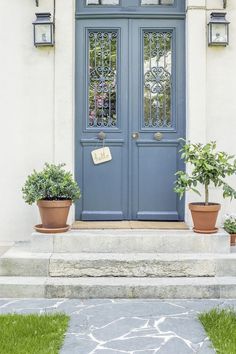 two potted plants are sitting on the steps in front of a blue door