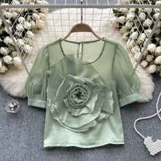 Spring Green Chiffon Blouse, Elegant Green Chiffon Tops, Short Sleeve Chiffon Blouse For Party, Chiffon Short Sleeve Blouse For Party, Chiffon Blouse With Short Sleeves For Party, Green Chiffon Blouse For Party, Green Chiffon Party Blouse, Party Green Chiffon Blouse, Green Chiffon Blouse For Summer