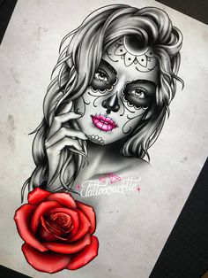 a drawing of a woman with sugar makeup and a rose