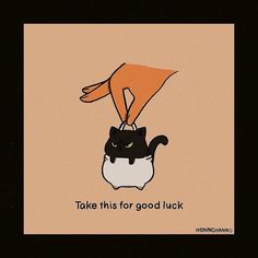 an orange hand reaching for a black and white cat with the words take this for good luck