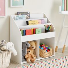 a toy storage unit with stuffed animals and books