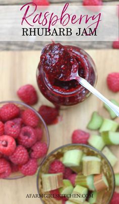 raspberry rhubar jam in small bowls with fresh raspberries