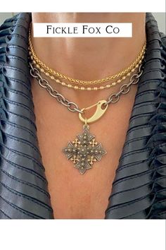 If you’re looking for a bold statement piece and a little attitude we’ve got you covered….. Our mixed metal Jerusalem cross has a vintaged antique silver finish with gold highlights. We paired it with a heavy textured gauged oval link chain in antique silver with an oversized contrasting matte gold lobster clasp. Chain Measures 17” long, all materials are free from cadmium, lead, and nickel. Limited edition, pre-order only, allow two weeks for delivery. Gold Cross Necklace With Oxidized Finish, Gold Necklace With Oxidized Cross Pendant, Gold Oxidized Cross Jewelry, Gold Cross Jewelry With Oxidized Finish, Gold Highlights, Jewelry Statement, Custom Jewelry Design, Jewelry Inspo, Matte Gold