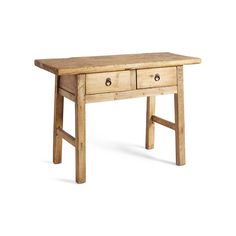 a wooden table with two drawers on one side and an open drawer on the other