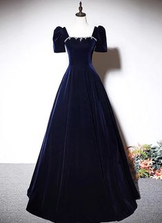 Navy Blue A-line Velvet Long Evening Dress Short Blue Velvet Ball Gown, Floor-length Velvet Evening Dress For Gala, Velvet Floor-length Evening Dress For Gala, Velvet Floor-length Evening Gown, Elegant Blue Velvet Evening Dress, Velvet Prom Gown For Prom Season, Prom Season Velvet Gown, Velvet Evening Gown For Prom Season, Formal Velvet Gown For Prom Season