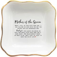 a white and gold plate with the words mother of the groom on it