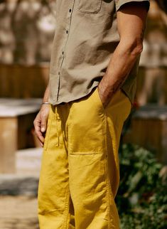 the ventura chore pant in chartreuse – imogene + willie Linen Pants Men, Yellow Linen Pants, Imogene Willie, Mens Linen Pants, Tailor Shop, Denim T Shirt, Duck Canvas, Lounge Shorts, Chambray Shirt