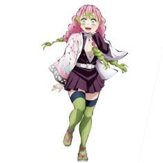 an anime character with pink hair and green pants, holding a bag in her hand