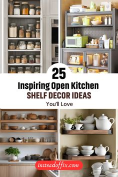 open kitchen shelf decor ideas with text overlay