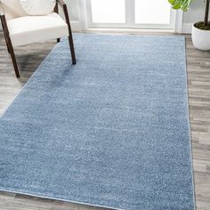 a blue rug in a living room next to a chair and potted plant on the floor