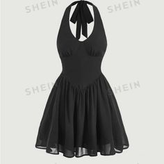 Shein Mod Solid Backless Halter Neck Dress Material: 100% Polyester Brand New Halter Skater Dress, Cheap Black Dresses, Casual Black Halter Backless Dress, Casual Black Backless Halter Dress, Casual Black Halter Dress For Party, Casual Black Halter Neck Dress, Black Halter Dress Short, Gothic Fits, Strappy Backless Dress