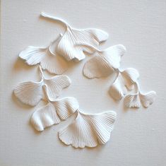 four white flowers are arranged in the shape of petals on a white surface, with one flower being cut out