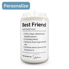 a white candle with the words best friend on it and an image of someone's name