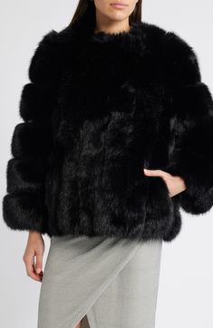 Finish a formal look or elevate an everyday one with a plush faux fur jacket that keeps you cozy yet chic. 28" length (size Medium) Front hook-and-eye closure Collarless Lined 100% polyester faux fur Dry clean Imported Formal Winter Faux Fur Coat, Formal Faux Fur Coat For Fall, Formal Faux Fur Outerwear In Mink Color, Formal Faux Fur Outerwear With Fur Trim, Formal Fall Fur Coat With Faux Fur Lining, Evening Faux Fur Coat For Fall, Fall Evening Faux Fur Coat, Formal Faux Fur Winter Outerwear, Formal Faux Fur Outerwear For Winter