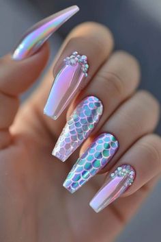 Cute Nail Art Designs Summer, Crystal Nails Designs, 2024 Nail Ideas, Fishing Nails, Ombre Summer Nails, Ocean Nails, Mermaid Nail Art, Mint Green Nails, Beach Nail Designs