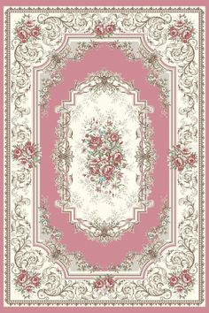 a red and white area rug with an ornate design on the center, surrounded by flowers