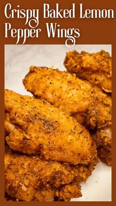 crispy baked lemon pepper wings on a white plate with text overlay that reads crispy baked lemon pepper wings