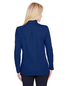 CrownLux Performance™ Ladies' Plaited Long Sleeve Polo - TRUE ROYAL - L | Devon & Jones Women's CrownLux Performance Plaited Long Sleeve Polo Shirt in True Royal Blue Size Large | Cotton/Polyester Blend Navy Stretch Top For Work, Navy Stretch Tops For Work, Navy Stretch Top For Workwear, Navy Collared Office Top, Navy Collared Top For Office, Blue Stretch Collared Blouse, Polo Style, Long Sleeve Polo Shirt, Plaits