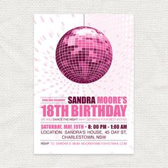 a birthday party flyer with a disco ball on the front and pink polka dot background