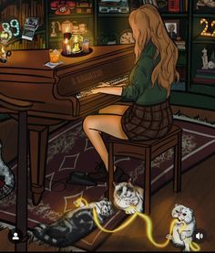 a woman sitting at a piano surrounded by cats