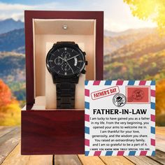 🎉👔Celebrate your Father-in-law with this handsome and durable gift: the Black Chronograph Watch with a heartfelt message," Father-in-law, I am lucky to have gained you as a father in my life. From the very beginning, you opened your arms to welcome me in. I am thankful for your love, generosity, and the wisdom you share. You raised an extraordinary family, and I am so grateful to be a part of it. I hope you know how truly special you are." Whether for his birthday, Christmas, or Father’s Day, Stainless Steel Watch As Father's Day Gift, Father's Day Stainless Steel Watch Gift, Stainless Steel Watches For Father's Day Gift, Father's Day Gift Stainless Steel Watch, Valentine's Day Gift Watch With Round Dial, Black Chronograph Watch As Gift, Valentine's Day Gift Watches, Stainless Steel Chronograph Watch With Round Dial For Gifts, Stainless Steel Chronograph Watch As Gift