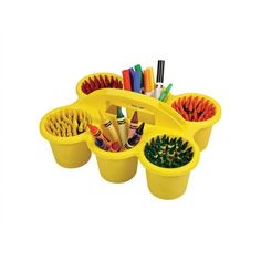 a yellow plastic container filled with markers and pencils