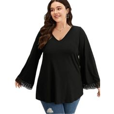 Elevate Your Wardrobe With This Stunning Bloomchic Top. The Black Polyester Blend Fabric Is Complemented By Exquisite Lace Details, Accentuated By Ruffle Sleeves And A Flattering V-Neckline. The Top Has A Regular Fit And Pullover Closure, Making It Easy To Wear For Any Occasion. This Versatile Piece Is Perfect For The Winter, Fall, And Spring Seasons. The Top Is A Size M And Has Beautiful Embroidered Details, Giving It An Extra Touch Of Elegance. This Basic Style Top Is Perfect For Enhancing Any Black Lace Trim V-neck Top, Casual Tops With Lace Sleeves For Fall, Chic Cotton Tops With Lace Sleeves, Casual V-neck Top With Lace Sleeves, Chic Long Sleeve Top With Lace Trim, Casual Tops With Lace Long Sleeves, Casual Long Sleeve Tops With Lace Sleeves, Casual V-neck Blouse With Lace Sleeves, Casual V-neck Lace Top With Lace Sleeves