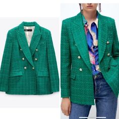 Bloggers Fav Green Blazer Outfits For Women, Zara Tweed Blazer, Blue Blazer Women, Balmain Style, Zara Tweed, Blazer Outfits For Women, Corduroy Blazer, Tailored Coat, Single Button Blazer