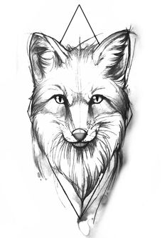 a black and white drawing of a fox's face