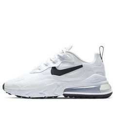 The Nike Air Max 270 React 'White Black' is the perfect combination of style and comfort. Featuring a bouncy foam midsole and groundbreaking Max Air 270 cushioning, this sneaker provides a smooth ride with soft and responsive cushioning. The unique upper design and lacing system create a unique and versatile style, while the black colorway adds a modern and stylish touch. Perfect for everyday wear, this sneaker is inspired by the classic Air Max series and is sure to make a statement. (SNKR/Low Top/Women's/Non-Slip/Shock-absorbing) White Nike Air Max With Air Cushioning, White Breathable Nike Air Max, Sporty White Nike Air Max Fade-resistant, Sporty White Nike Air Max, White Fade-resistant Nike Air Max, Durable White Nike Air Max For Sports, White Fade-resistant Nike Air Max For Sports, Air 270, Nike Air Max 270 React